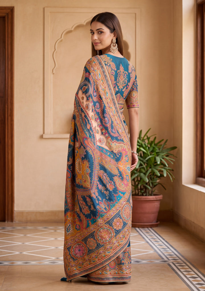 Peacock Blue Satin Abstract Geometric Sequins Saree With Matching Blouse Piece