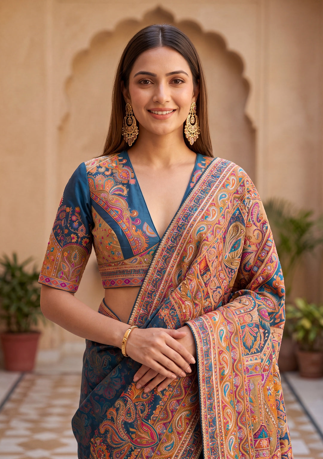 Peacock Blue Satin Abstract Geometric Sequins Saree With Matching Blouse Piece