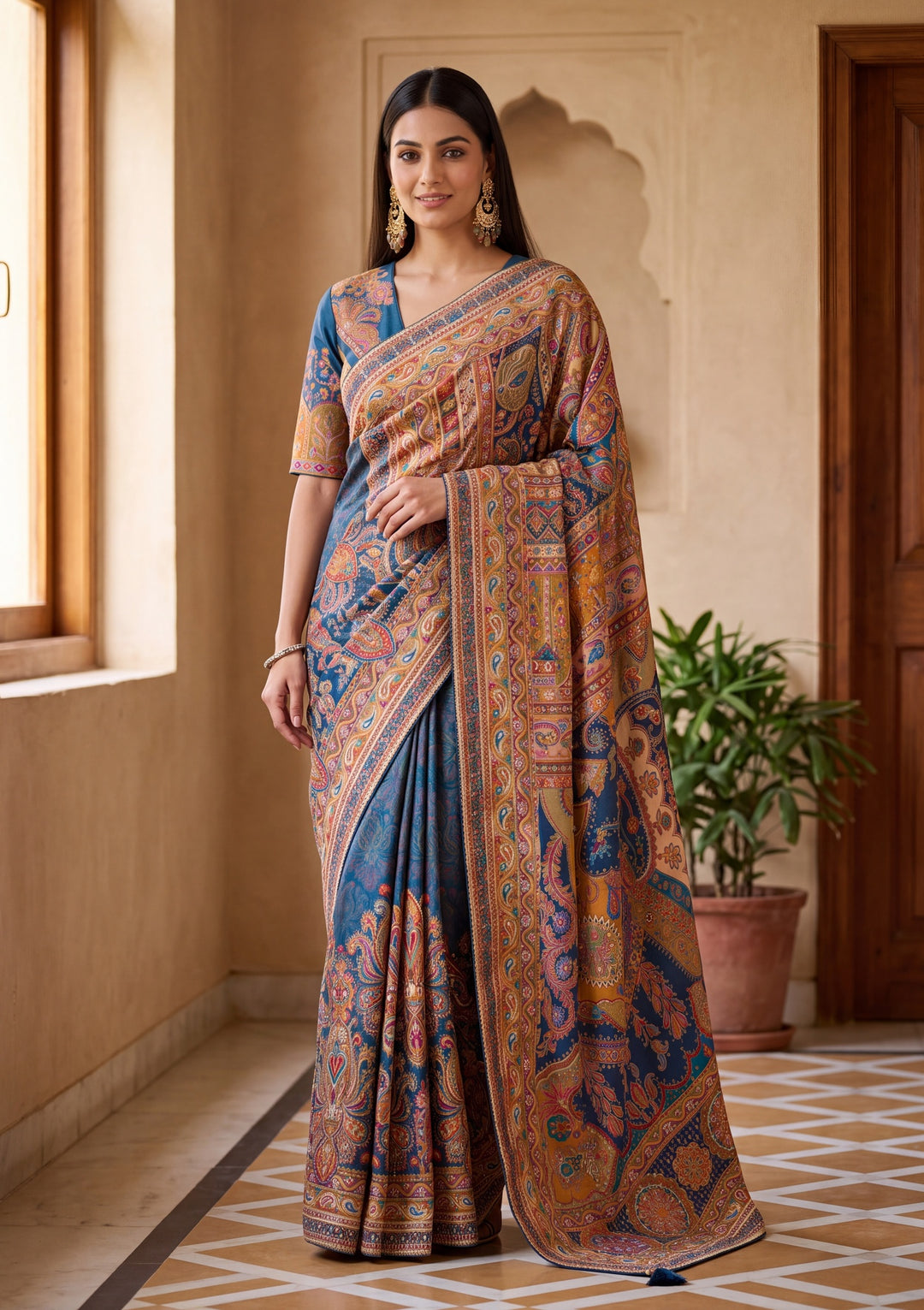 Peacock Blue Satin Abstract Geometric Sequins Saree With Matching Blouse Piece