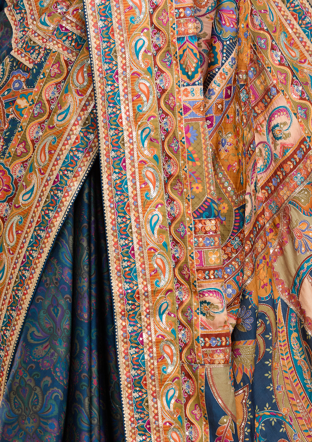Peacock Blue Satin Abstract Geometric Sequins Saree With Matching Blouse Piece