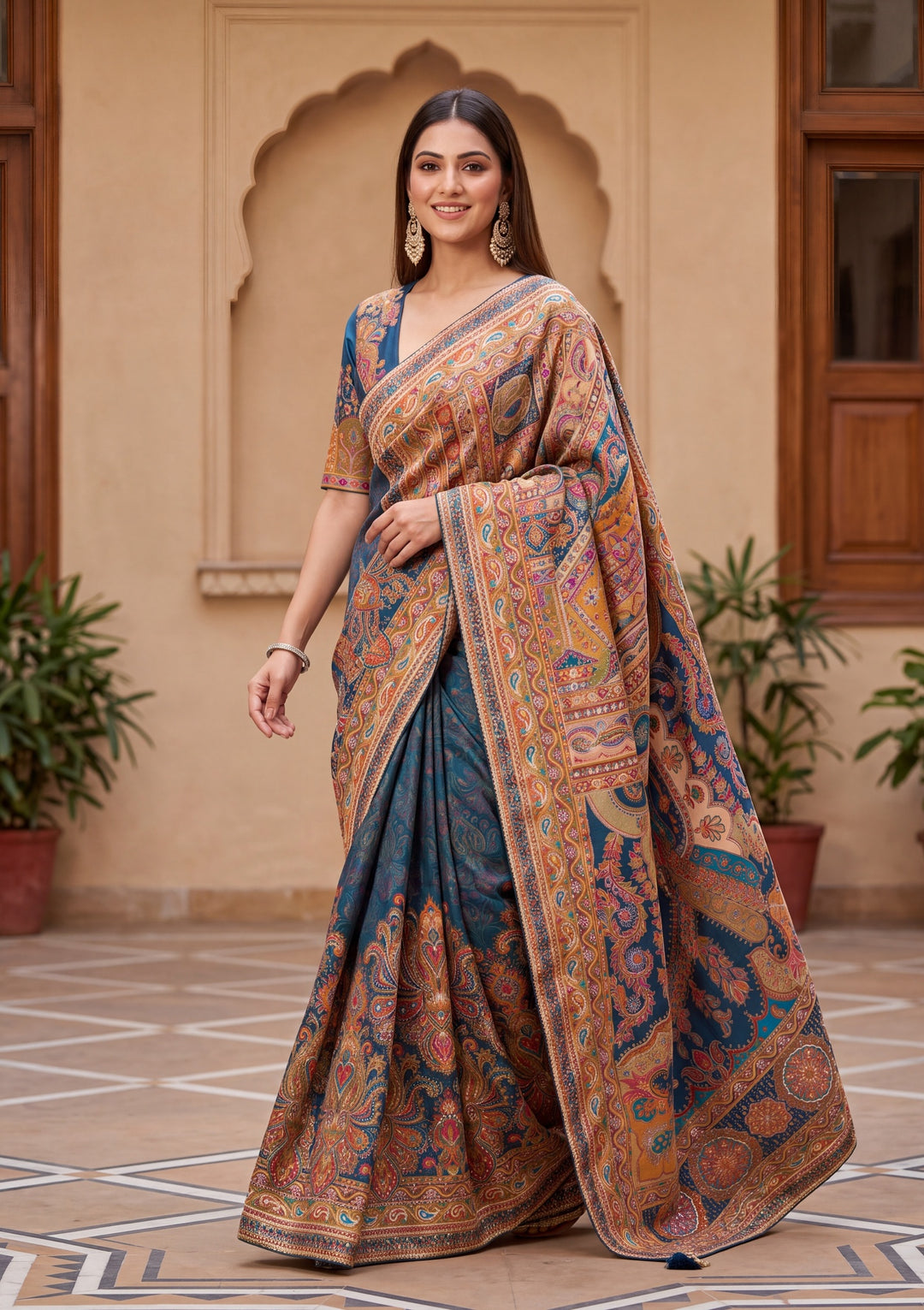 Peacock Blue Satin Abstract Geometric Sequins Saree With Matching Blouse Piece