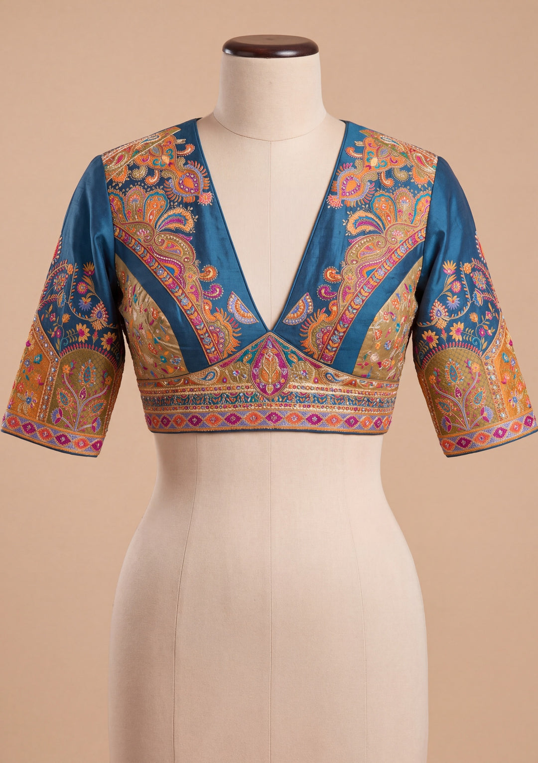 Peacock Blue Satin Abstract Geometric Sequins Saree With Matching Blouse Piece
