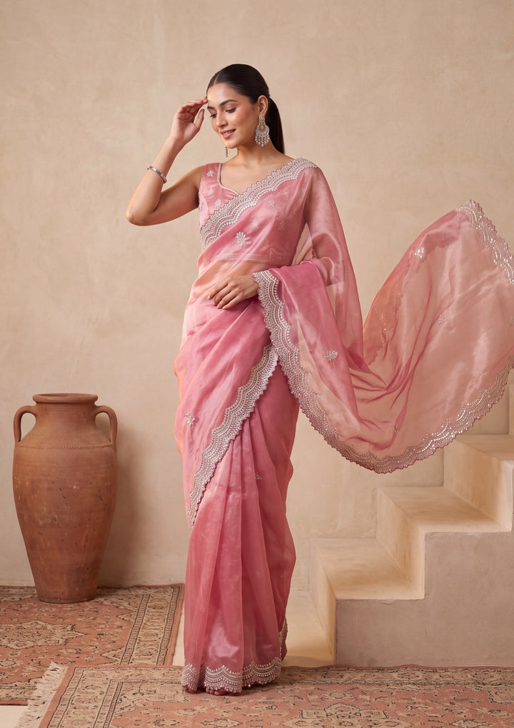 Onion Pink Tissue  Sequins Saree With Matching Blouse Piece