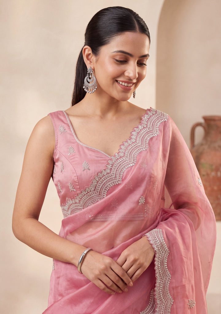 Onion Pink Tissue  Sequins Saree With Matching Blouse Piece