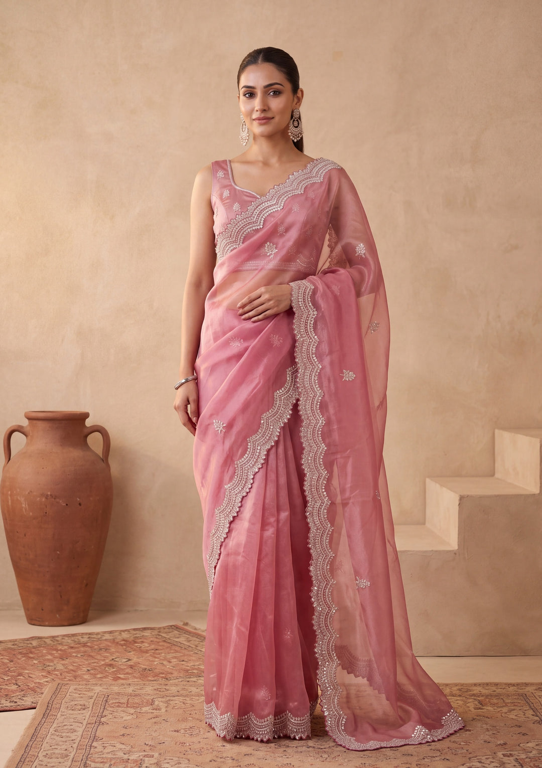 Onion Pink Tissue  Sequins Saree With Matching Blouse Piece