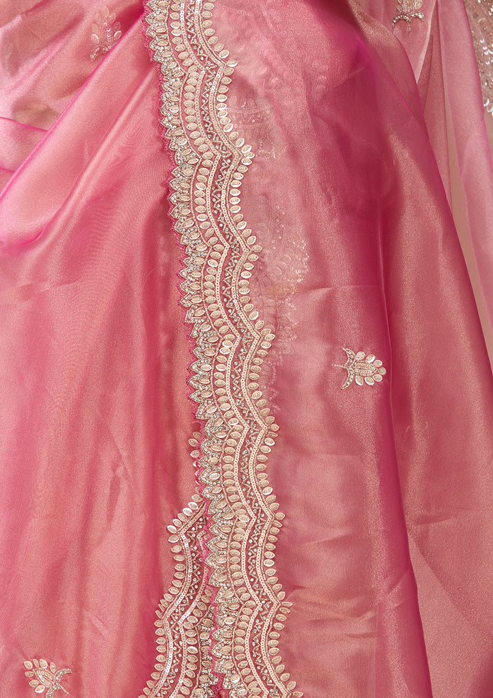 Onion Pink Tissue  Sequins Saree With Matching Blouse Piece