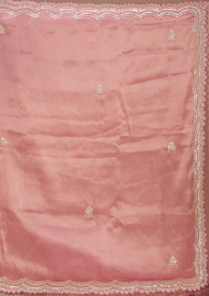 Onion Pink Tissue  Sequins Saree With Matching Blouse Piece