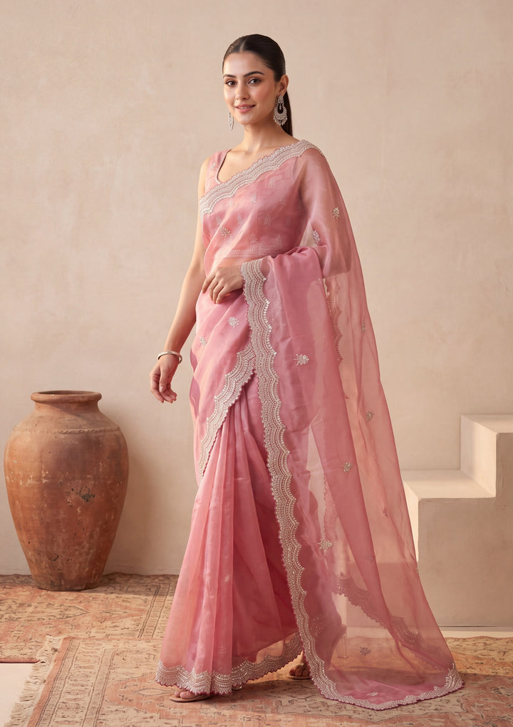 Onion Pink Tissue  Sequins Saree With Matching Blouse Piece