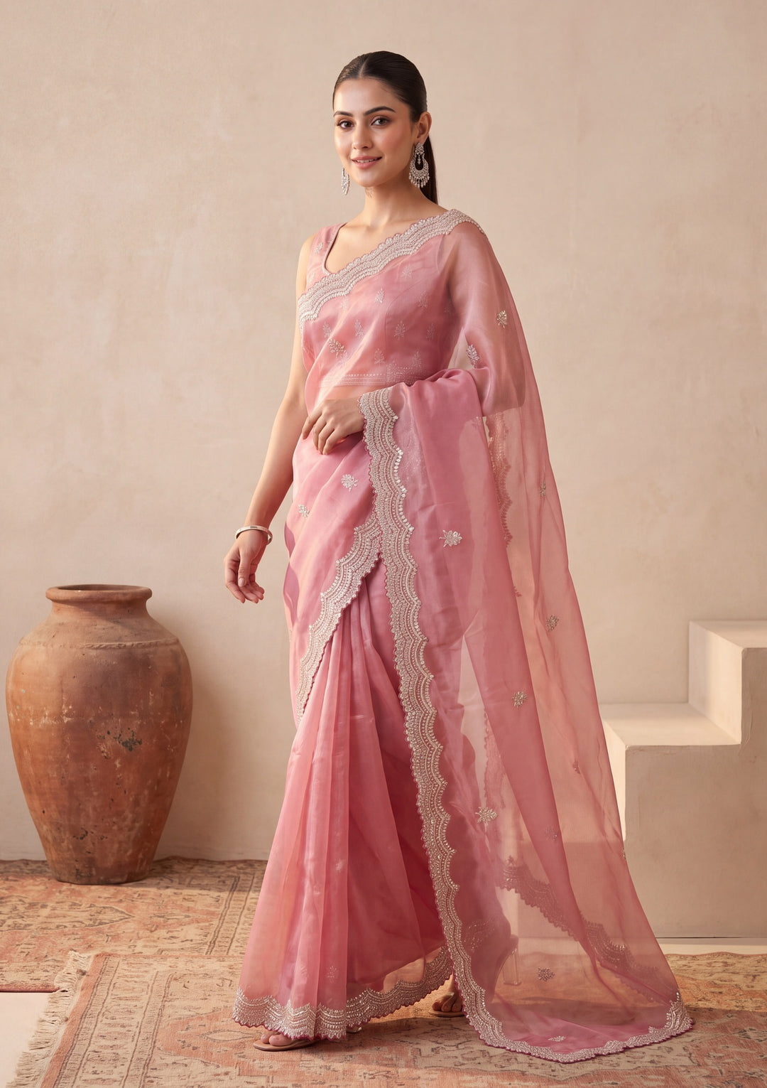 Onion Pink Tissue  Sequins Saree With Matching Blouse Piece