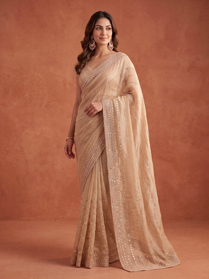Beige Crepe Sequins Saree With Matching Blouse Piece