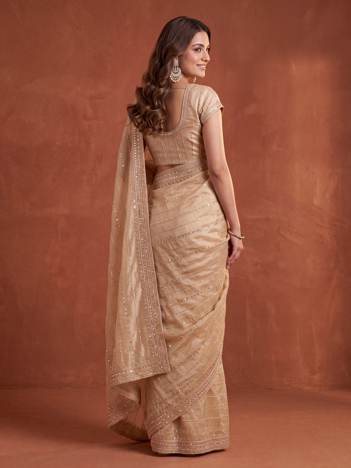 Beige Crepe Sequins Saree With Matching Blouse Piece