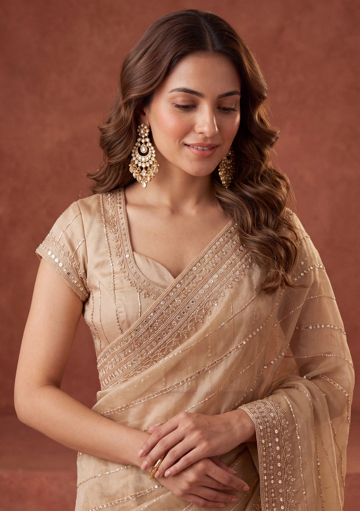 Beige Crepe Sequins Saree With Matching Blouse Piece