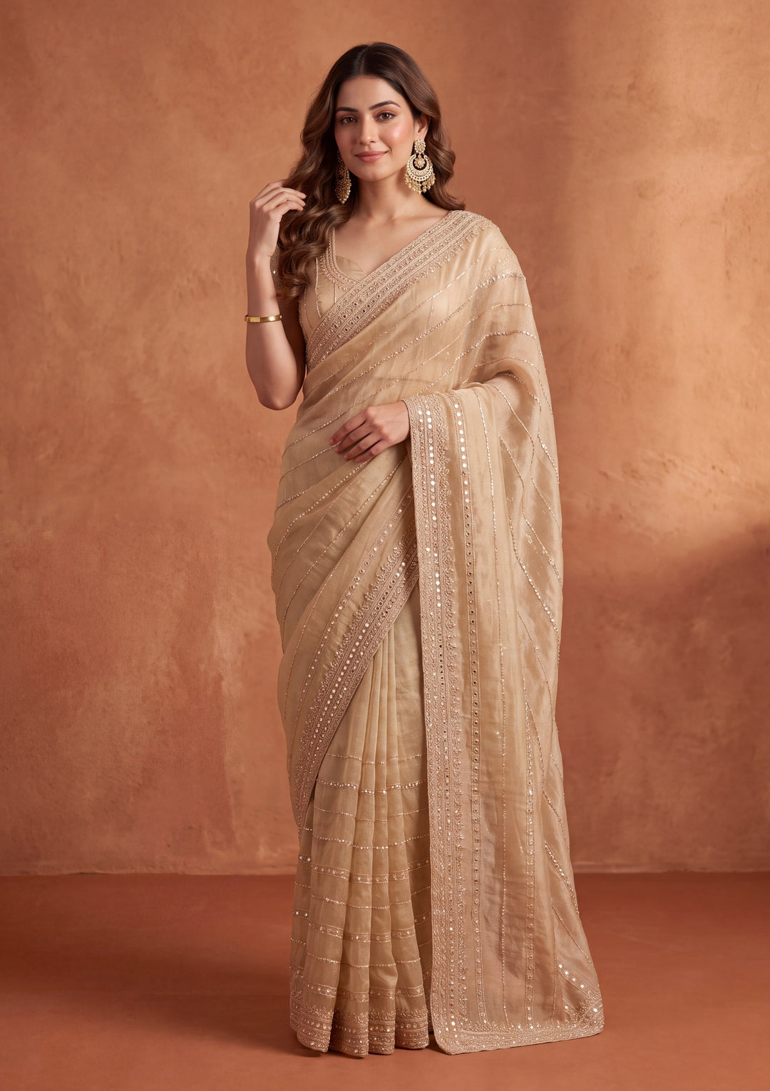 Beige Crepe Sequins Saree With Matching Blouse Piece