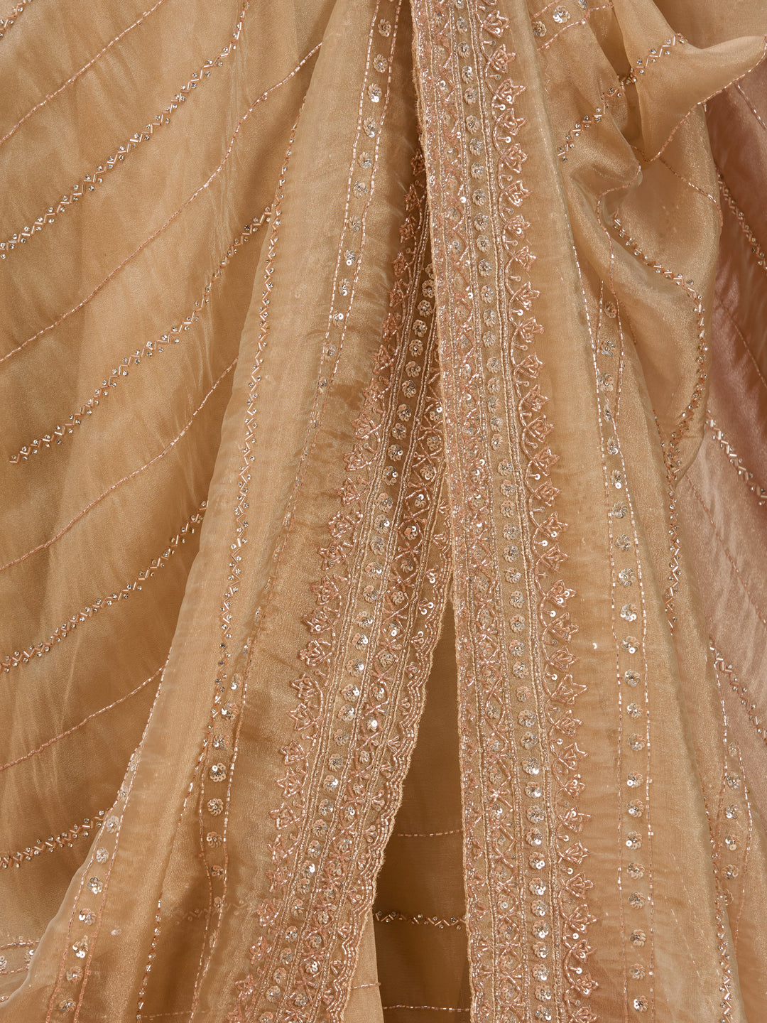 Beige Crepe Sequins Saree With Matching Blouse Piece