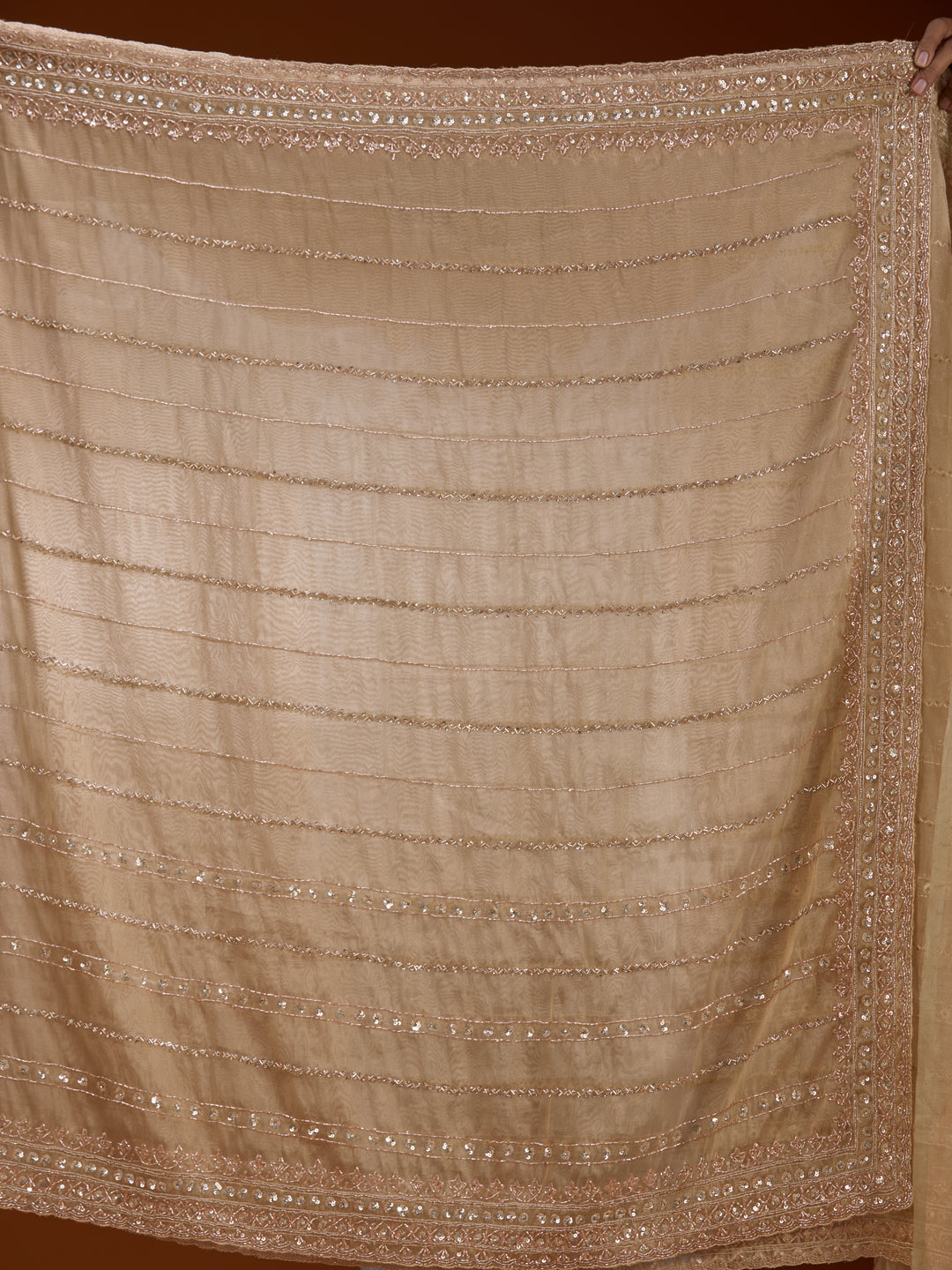 Beige Crepe Sequins Saree With Matching Blouse Piece