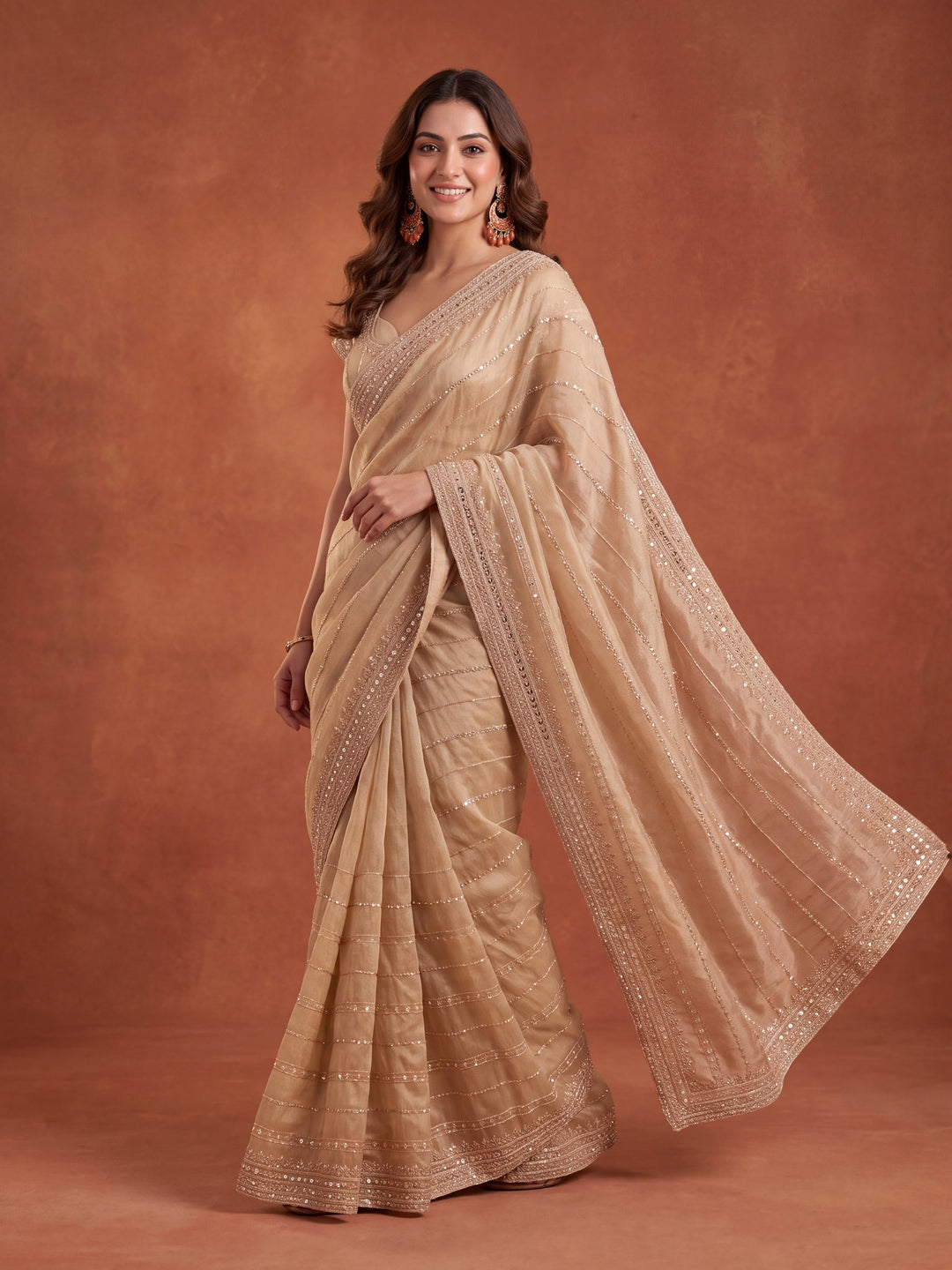 Beige Crepe Sequins Saree With Matching Blouse Piece