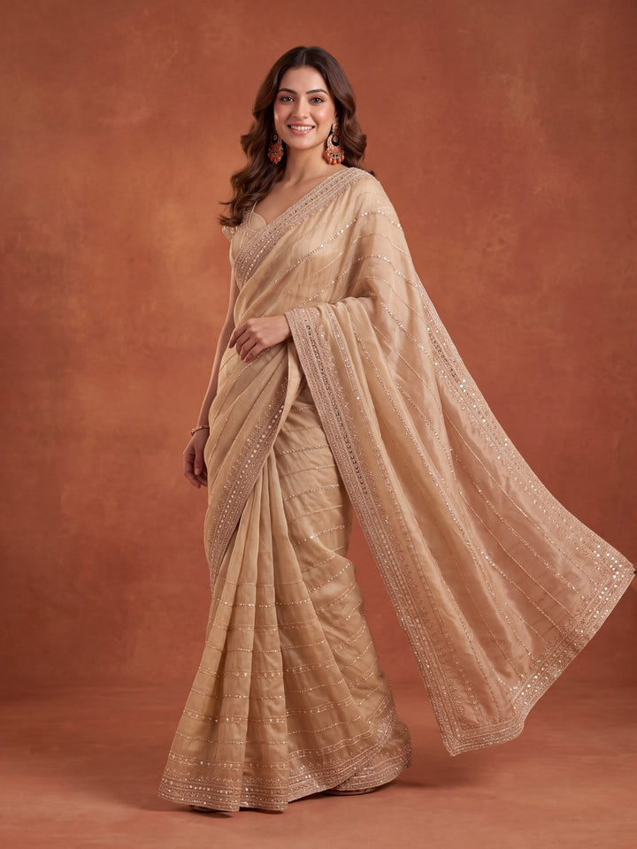 Beige Crepe Sequins Saree With Matching Blouse Piece