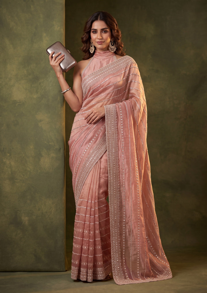Onion Pink Crepe Sequins Saree With Matching Blouse Piece