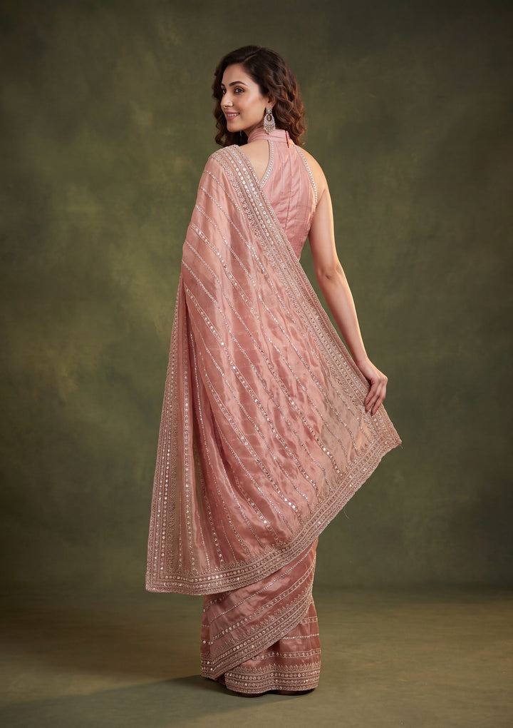 Onion Pink Crepe Sequins Saree With Matching Blouse Piece