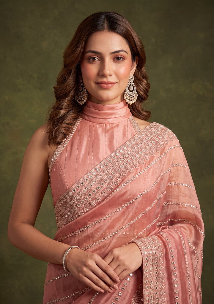 Onion Pink Crepe Sequins Saree With Matching Blouse Piece