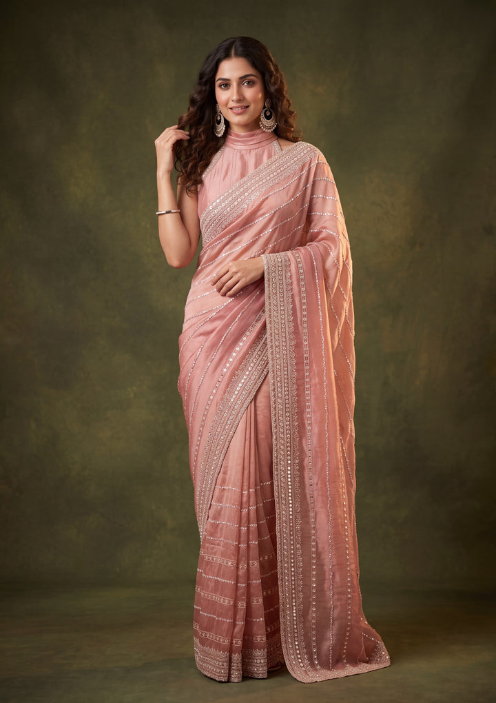 Onion Pink Crepe Sequins Saree With Matching Blouse Piece