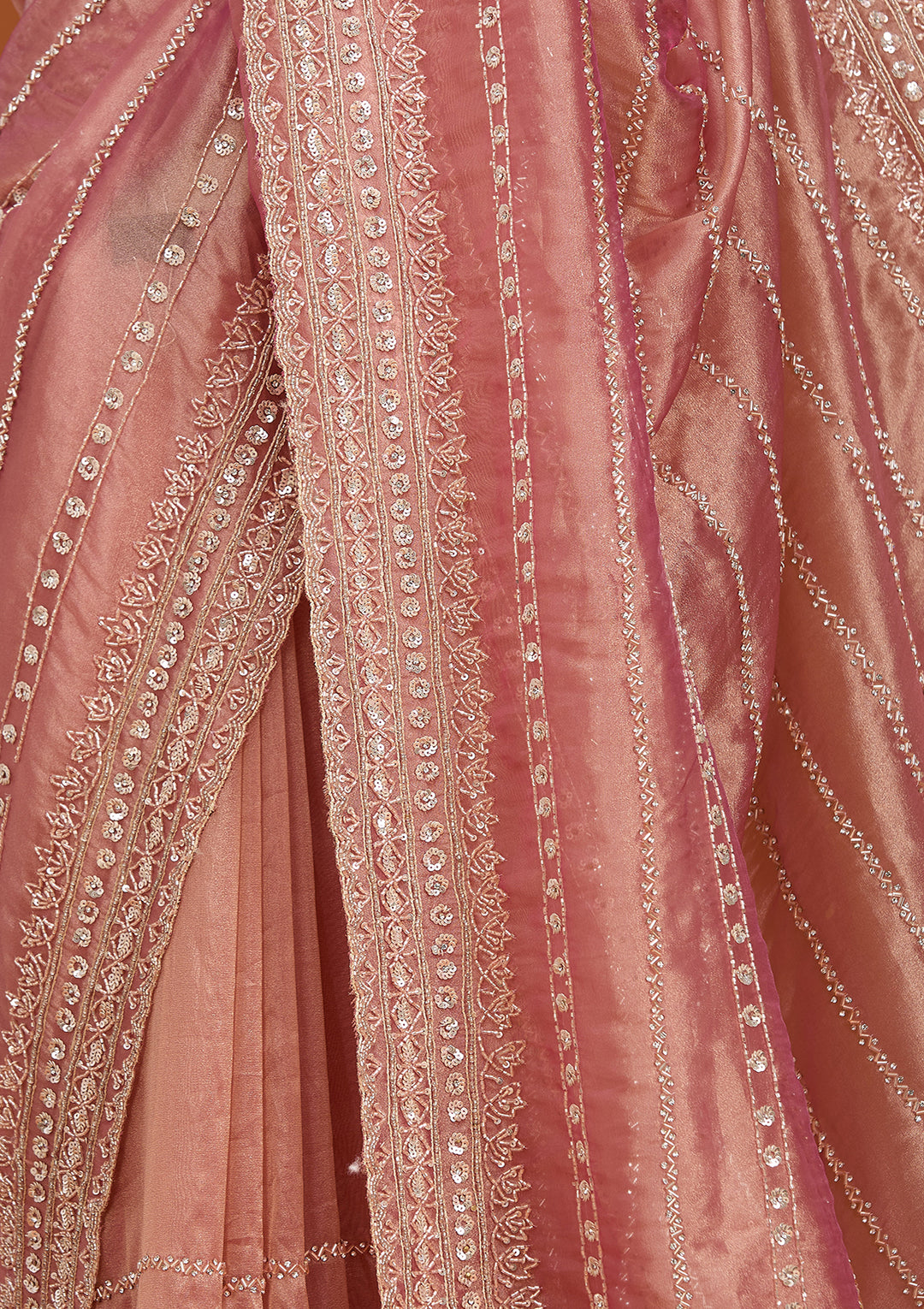 Onion Pink Crepe Sequins Saree With Matching Blouse Piece