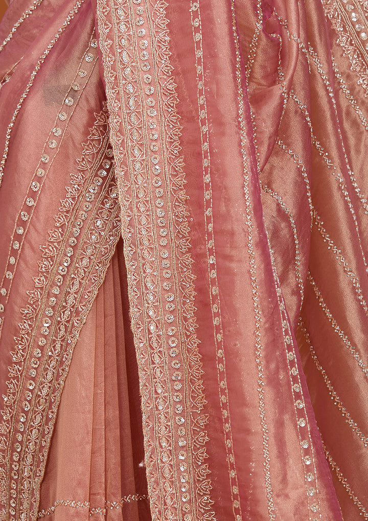 Onion Pink Crepe Sequins Saree With Matching Blouse Piece