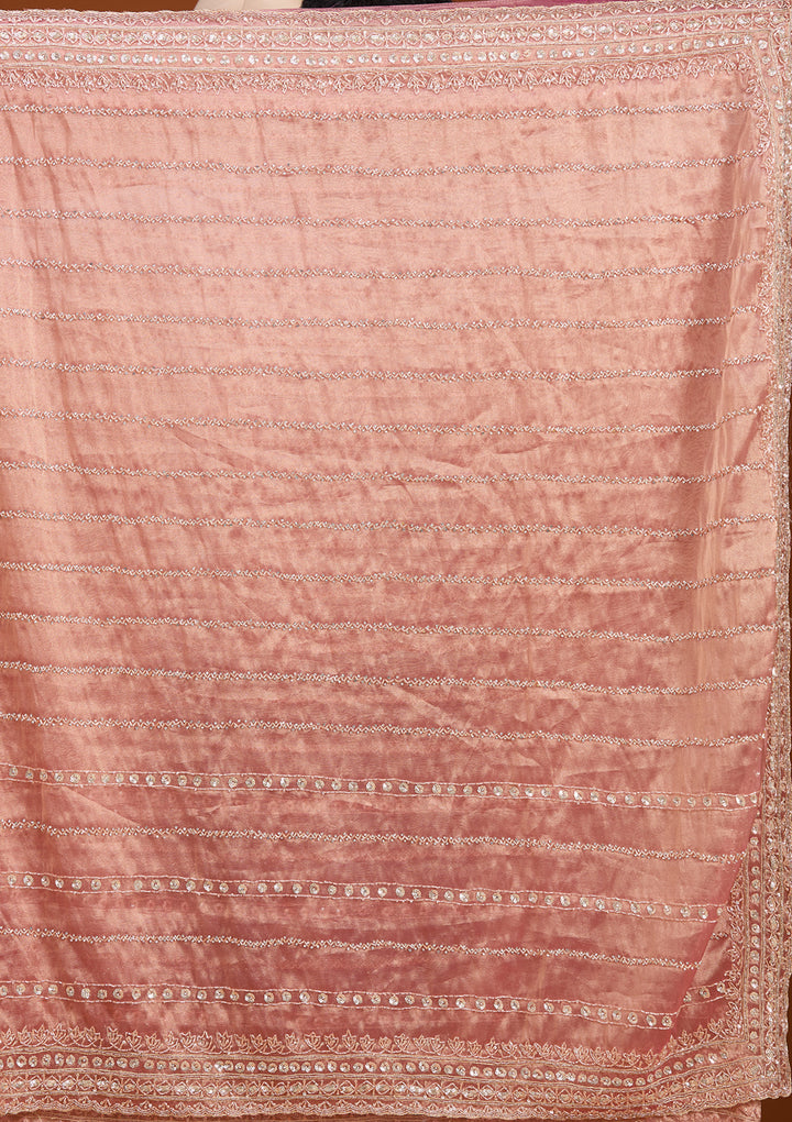 Onion Pink Crepe Sequins Saree With Matching Blouse Piece