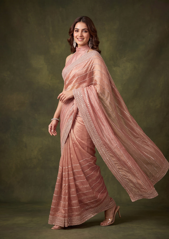 Onion Pink Crepe Sequins Saree With Matching Blouse Piece
