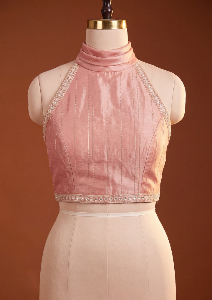 Onion Pink Crepe Sequins Saree With Matching Blouse Piece