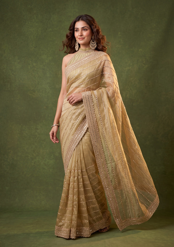 Pista Green Crepe Sequins Saree With Matching Blouse Piece