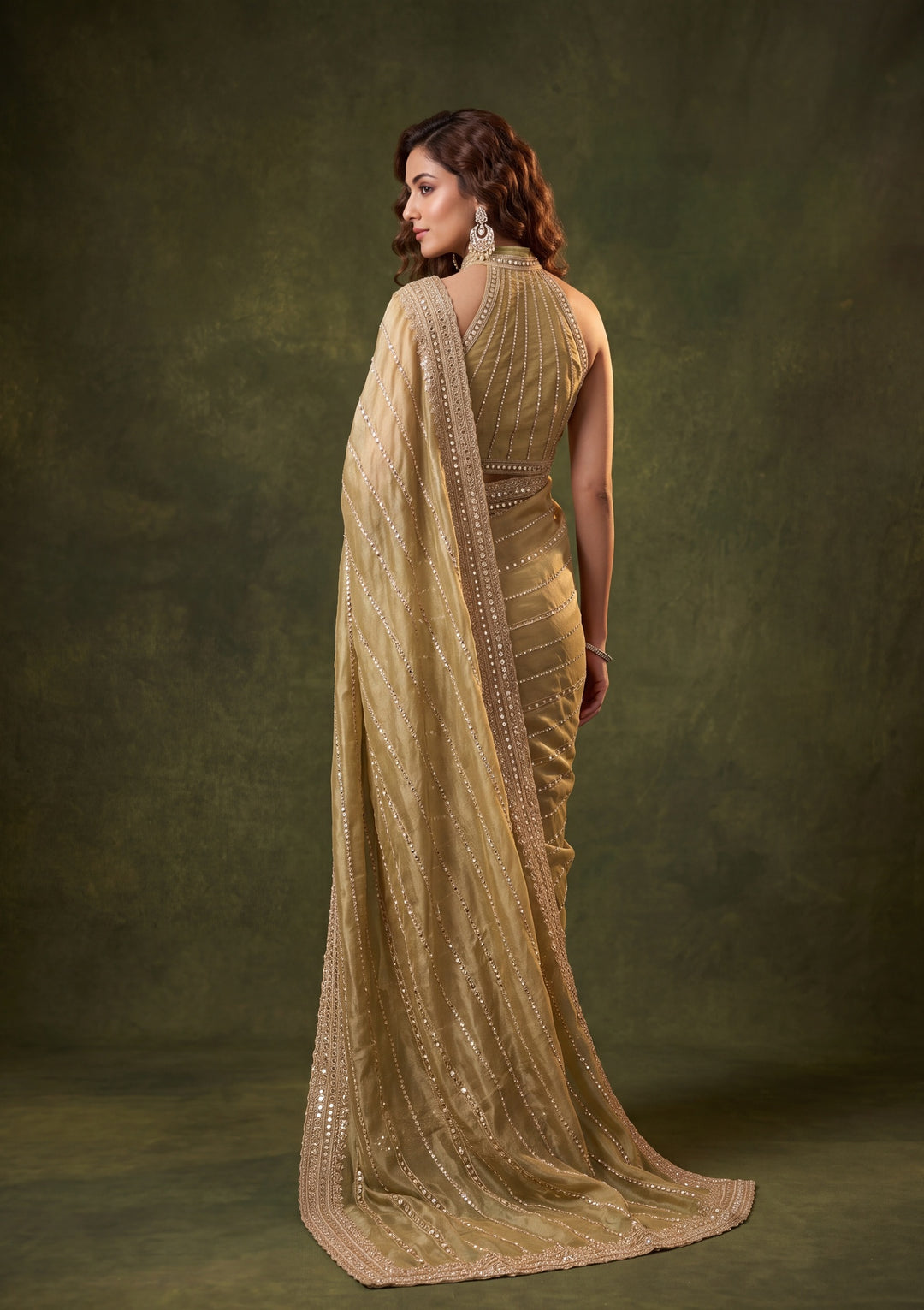 Pista Green Crepe Sequins Saree With Matching Blouse Piece