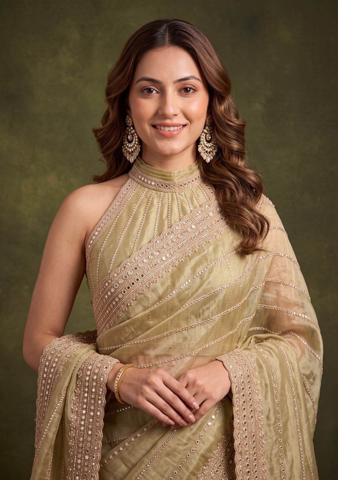 Pista Green Crepe Sequins Saree With Matching Blouse Piece