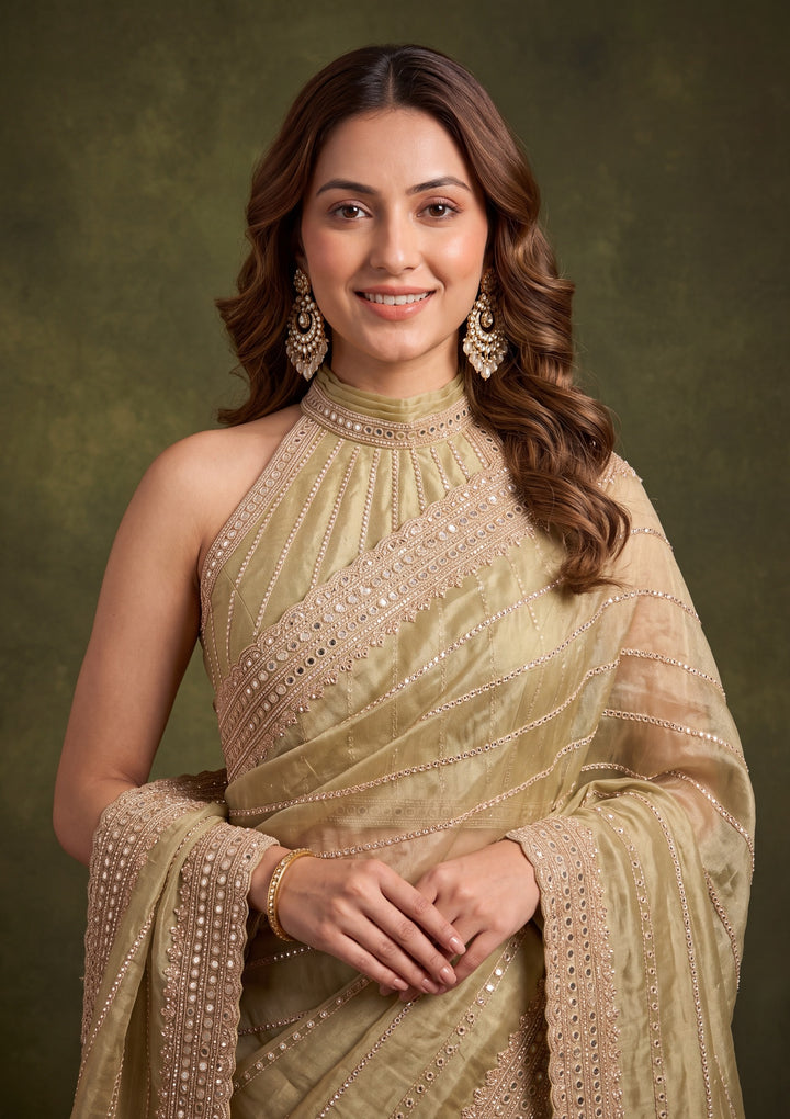Pista Green Crepe Sequins Saree With Matching Blouse Piece
