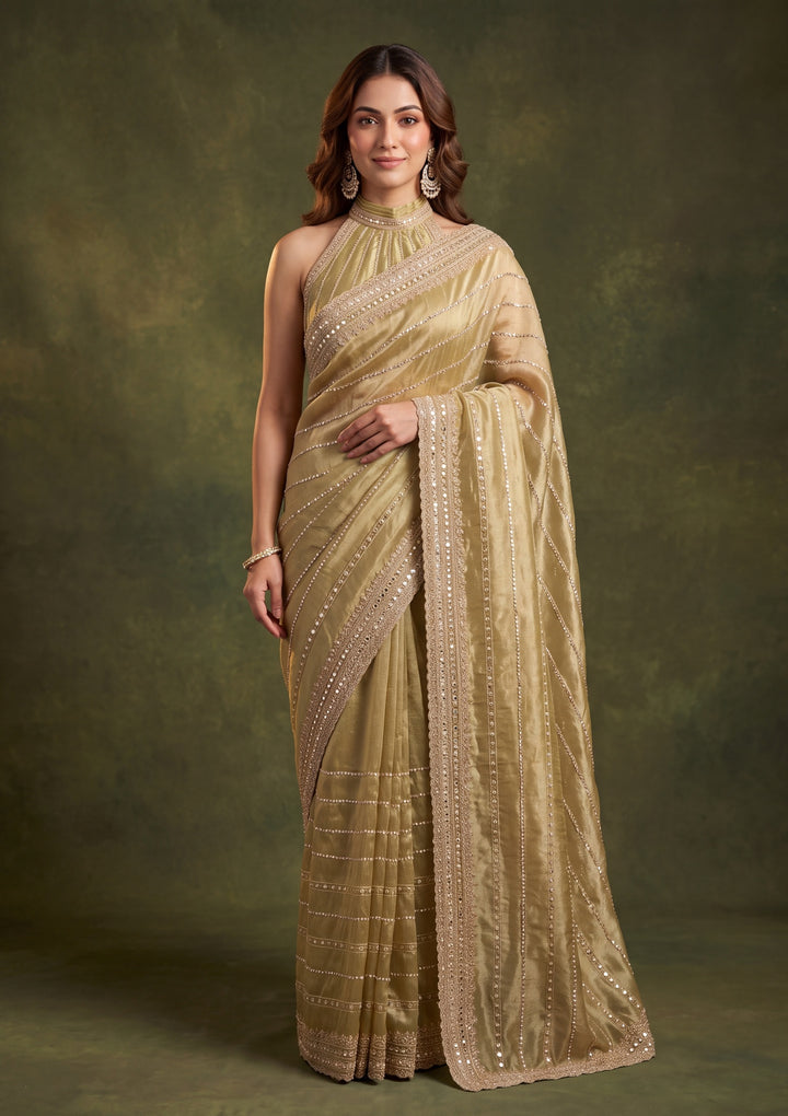 Pista Green Crepe Sequins Saree With Matching Blouse Piece