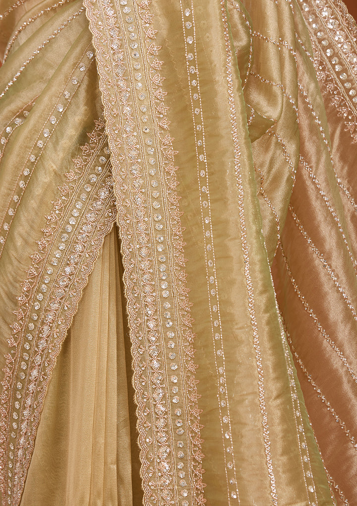Pista Green Crepe Sequins Saree With Matching Blouse Piece