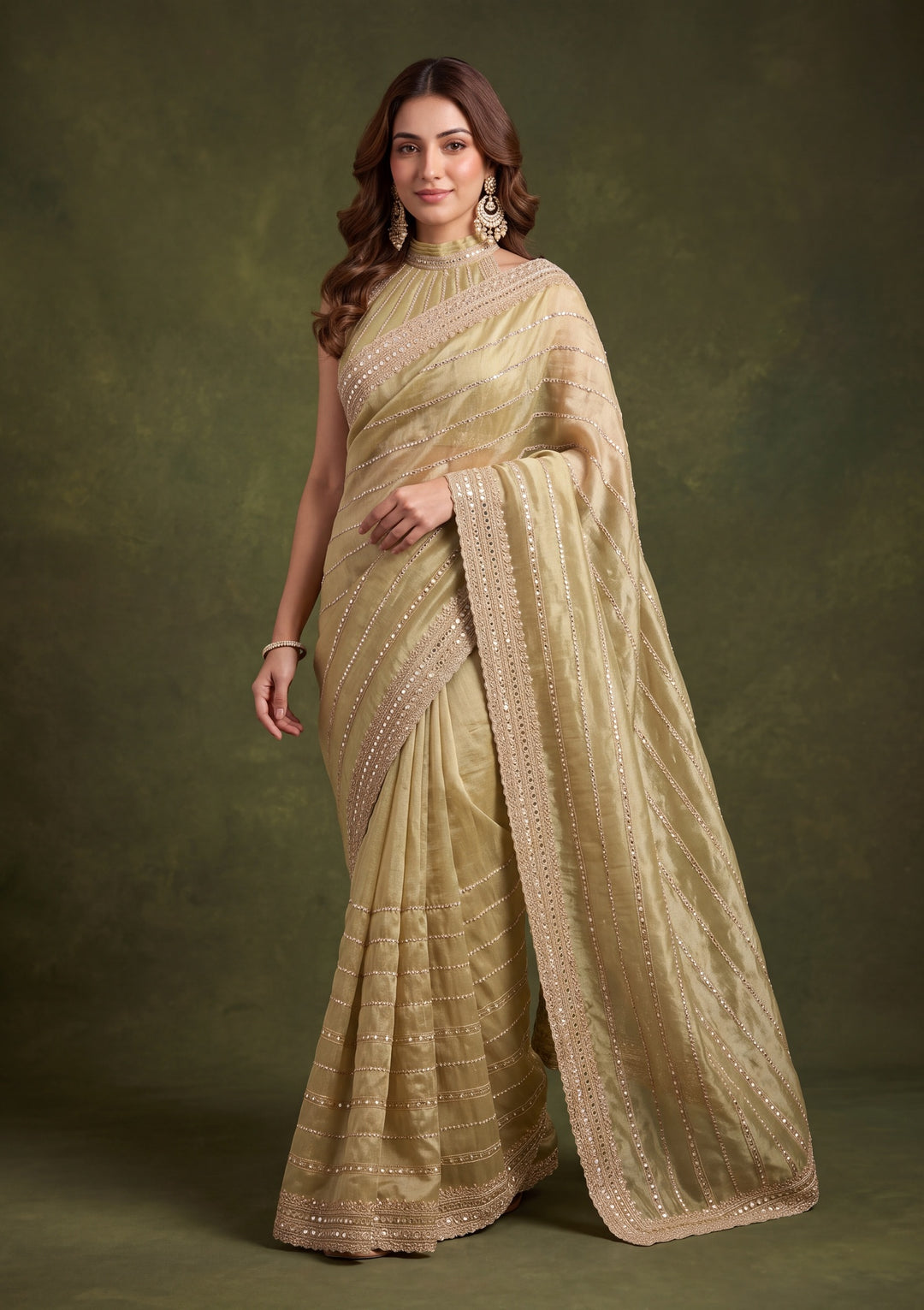 Pista Green Crepe Sequins Saree With Matching Blouse Piece