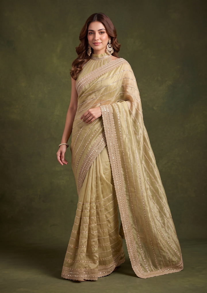 Pista Green Crepe Sequins Saree With Matching Blouse Piece