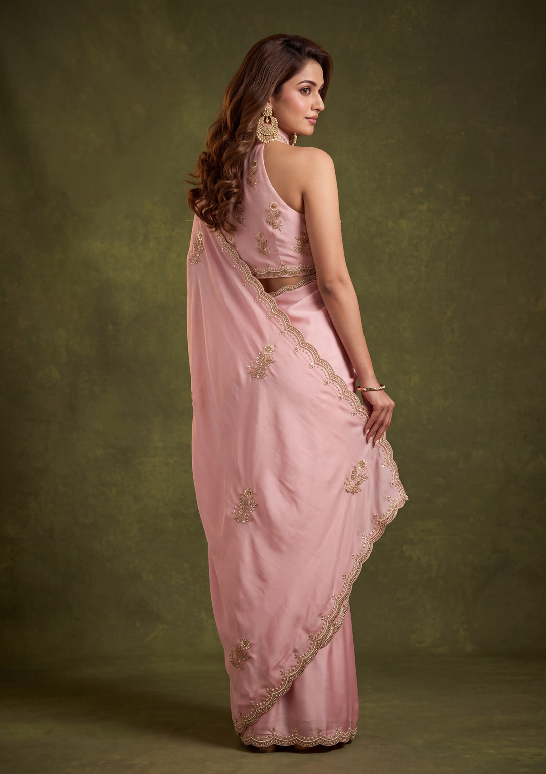 Baby Pink Crepe Sequins Saree With Matching Blouse Piece