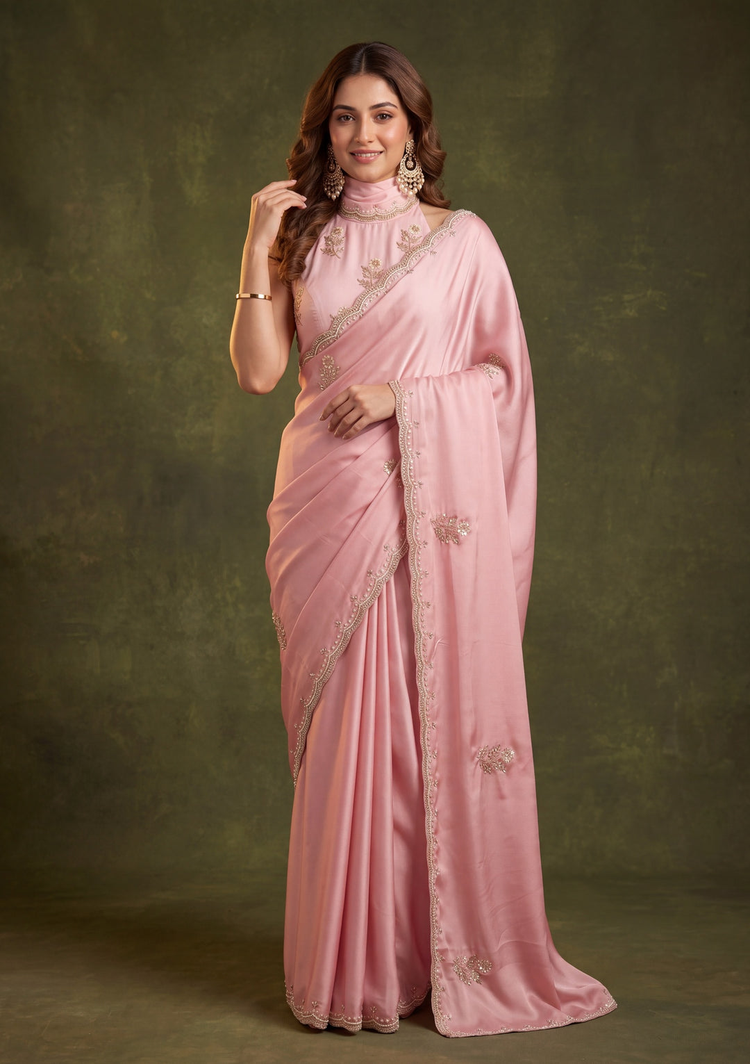 Baby Pink Crepe Sequins Saree With Matching Blouse Piece