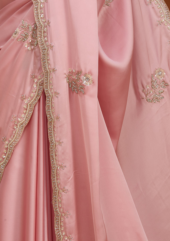 Baby Pink Crepe Sequins Saree With Matching Blouse Piece
