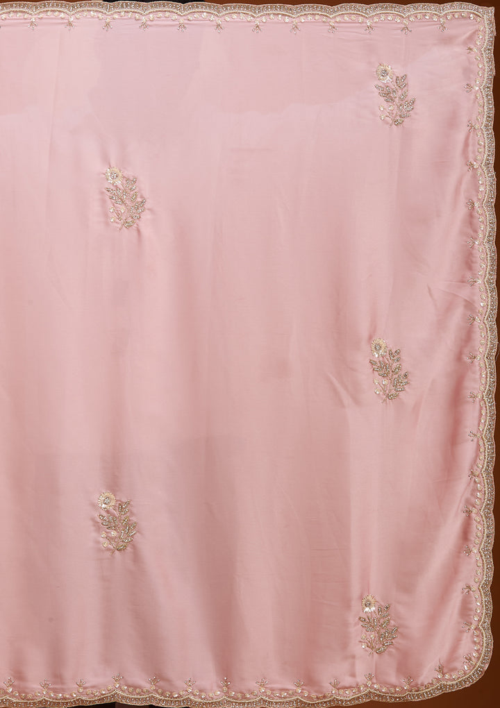 Baby Pink Crepe Sequins Saree With Matching Blouse Piece