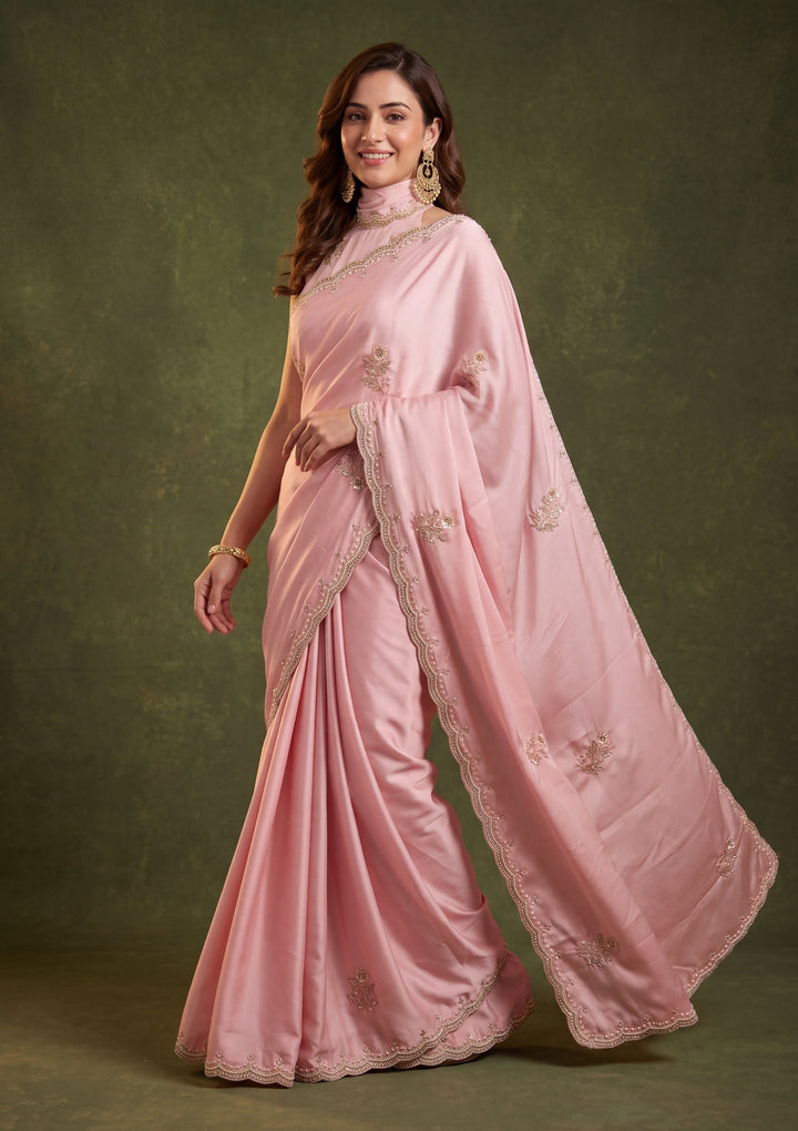 Baby Pink Crepe Sequins Saree With Matching Blouse Piece