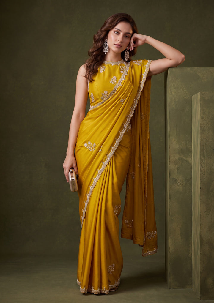 Mustard Yellow Crepe Sequins Saree With Matching Blouse Piece