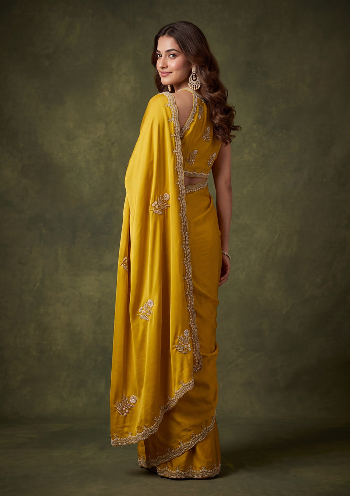 Mustard Yellow Crepe Sequins Saree With Matching Blouse Piece