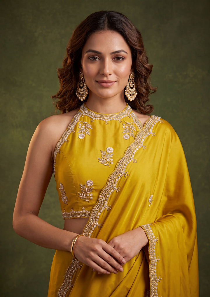 Mustard Yellow Crepe Sequins Saree With Matching Blouse Piece