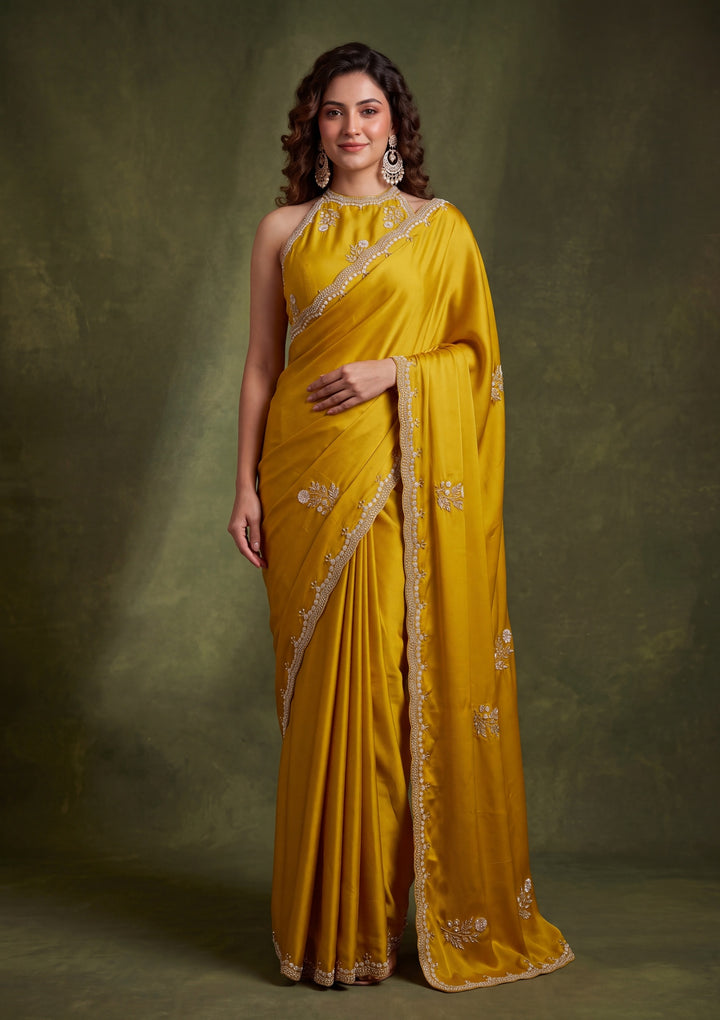 Mustard Yellow Crepe Sequins Saree With Matching Blouse Piece