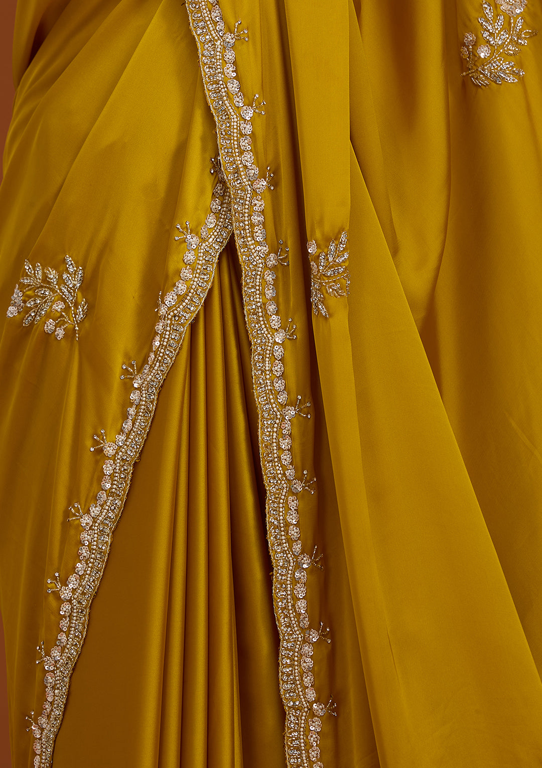 Mustard Yellow Crepe Sequins Saree With Matching Blouse Piece