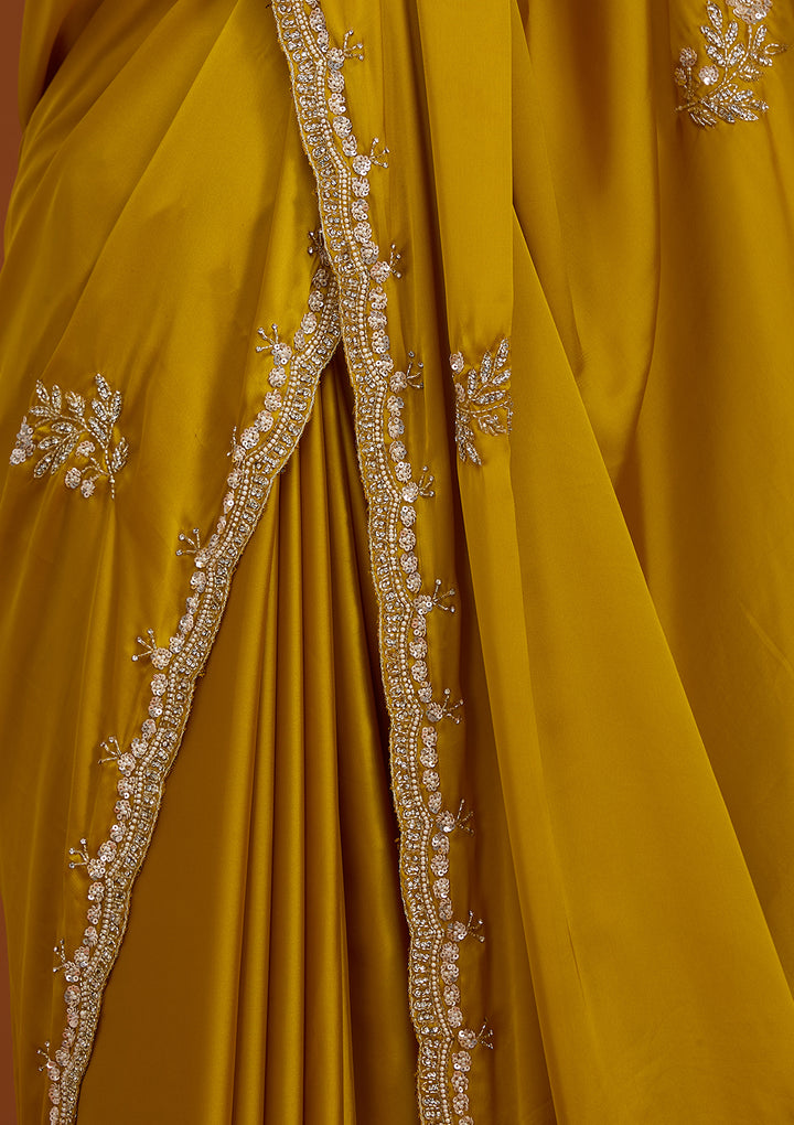 Mustard Yellow Crepe Sequins Saree With Matching Blouse Piece