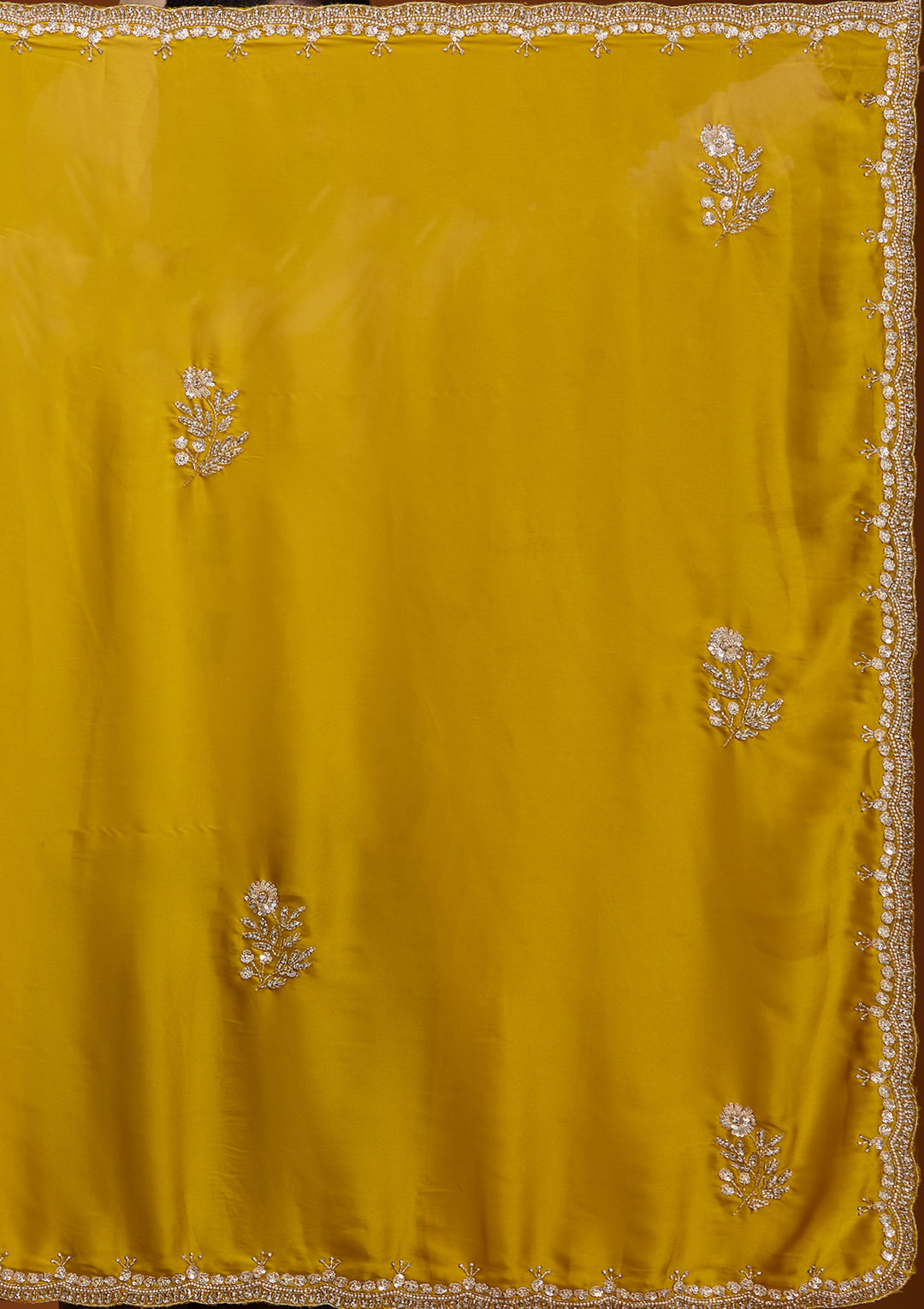 Mustard Yellow Crepe Sequins Saree With Matching Blouse Piece